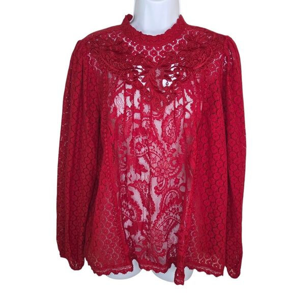 Torrid Rhubarb Mixed Lace High Neck Top Blouse Size 0 Large - Picture 2 of 11
